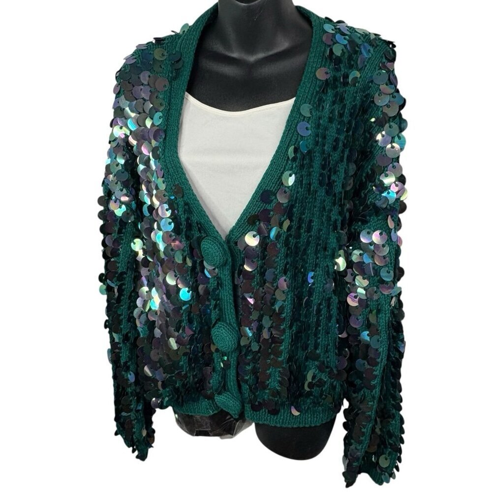 VTG 80s Whimsigoth Wicked Party Sequins Festive Green Knit Cardigan Women’s M
